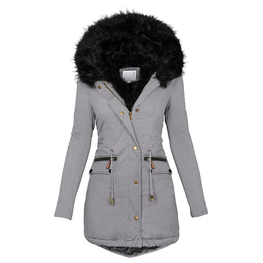 Women's Plush Hooded Parkas Winter Warm Thick Zip-up Jackets Casual Mid-length Solid Buckle Pockets Coat Outerwear Clothing