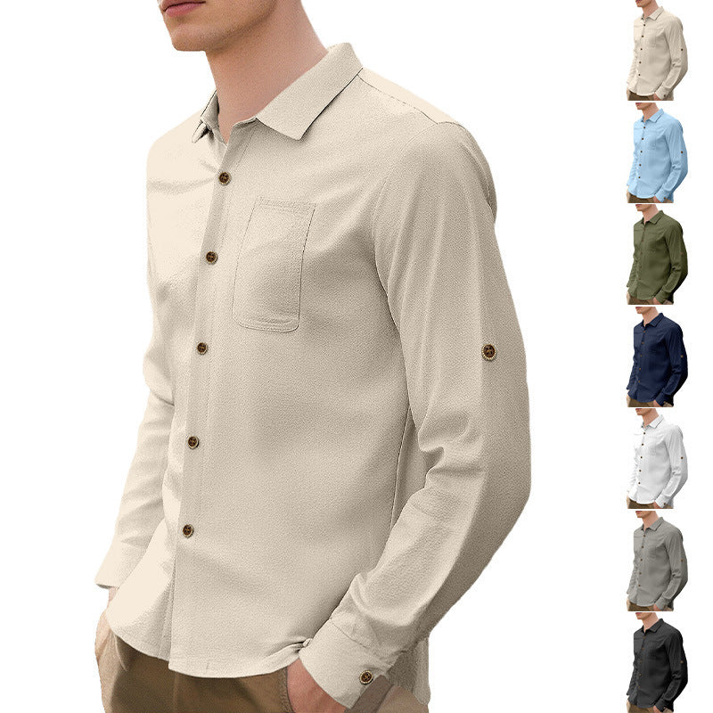 New Men's Solid Color Lapel Casual Loose Long Sleeve Shirt