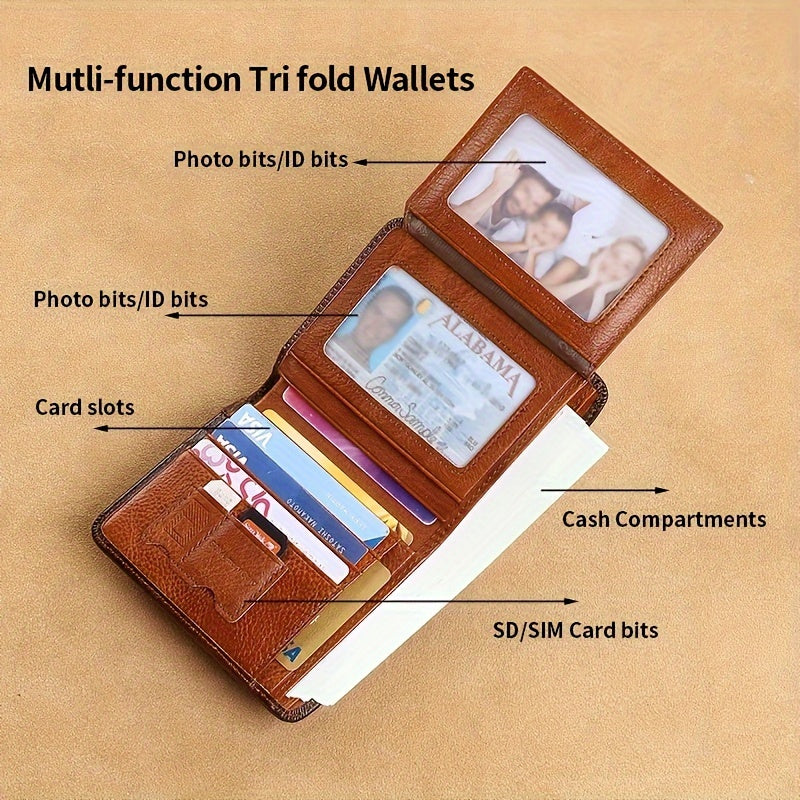 Men's Trendy Tri-Fold Genuine Leather Thin Card Holder - Minimalist Design, RFID Blocking - For Men - Perfect for Everyday Carry & Travel - Ideal Gift for Him