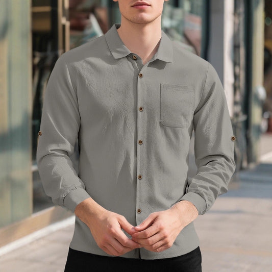 New Men's Solid Color Lapel Casual Loose Long Sleeve Shirt