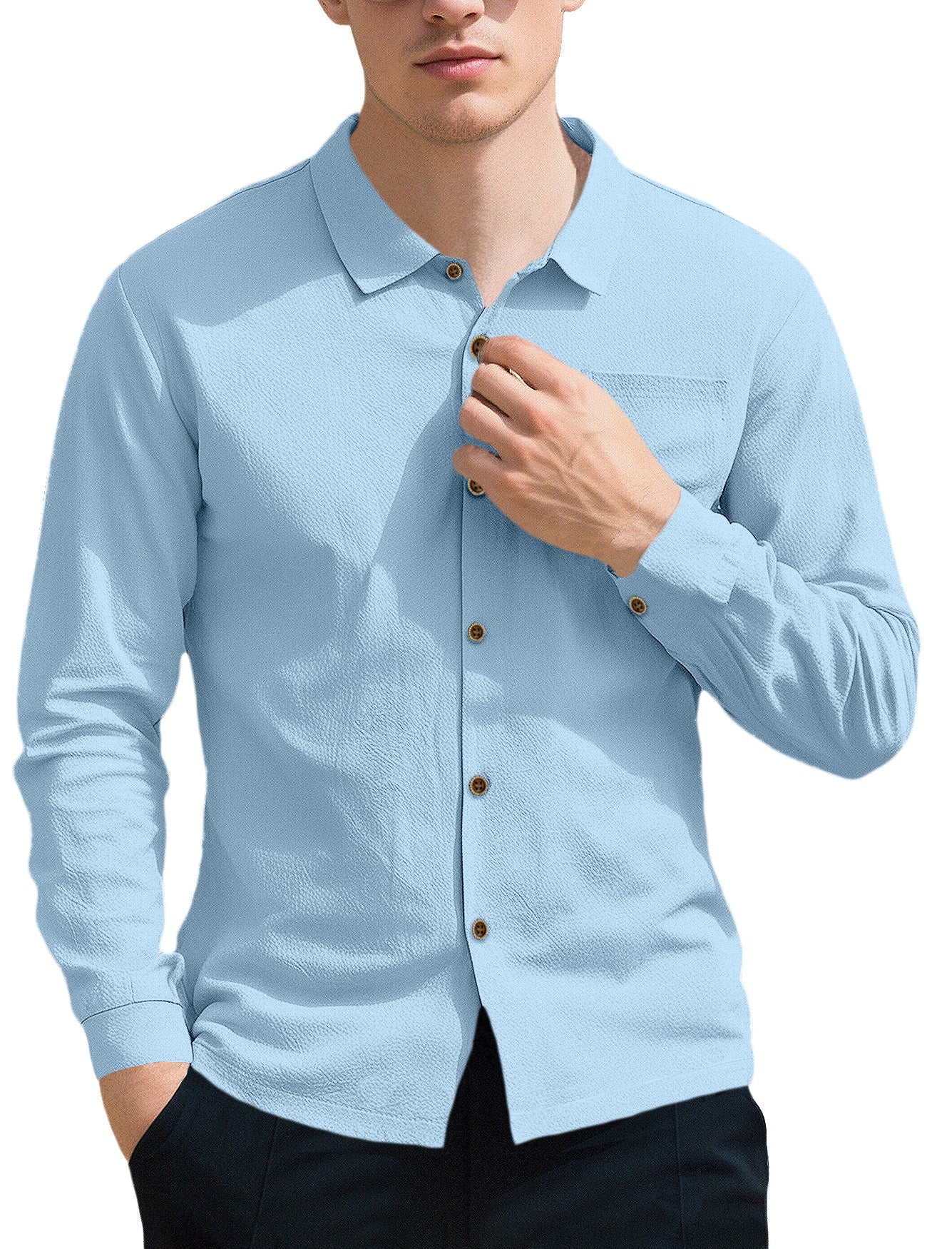 New Men's Solid Color Lapel Casual Loose Long Sleeve Shirt