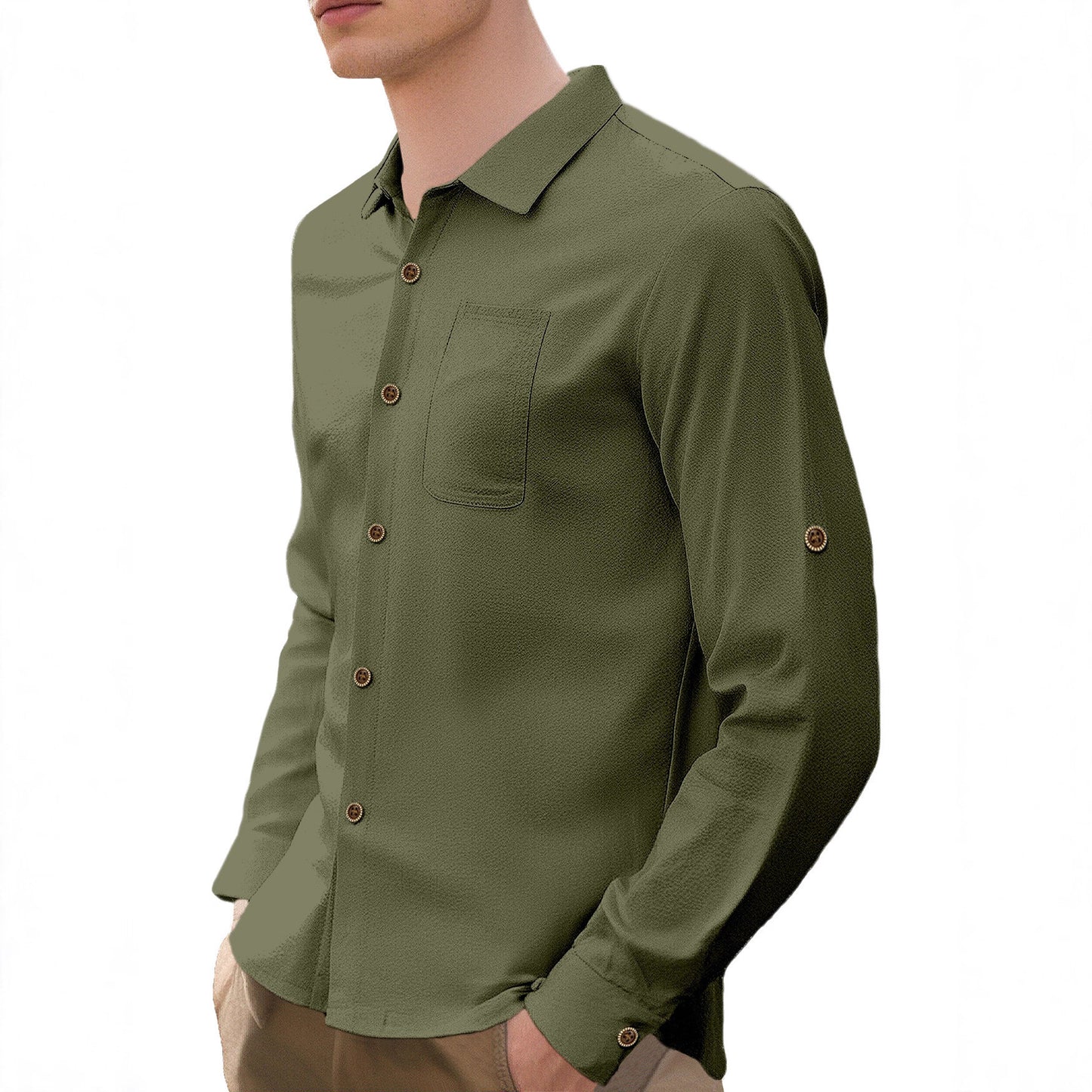 New Men's Solid Color Lapel Casual Loose Long Sleeve Shirt