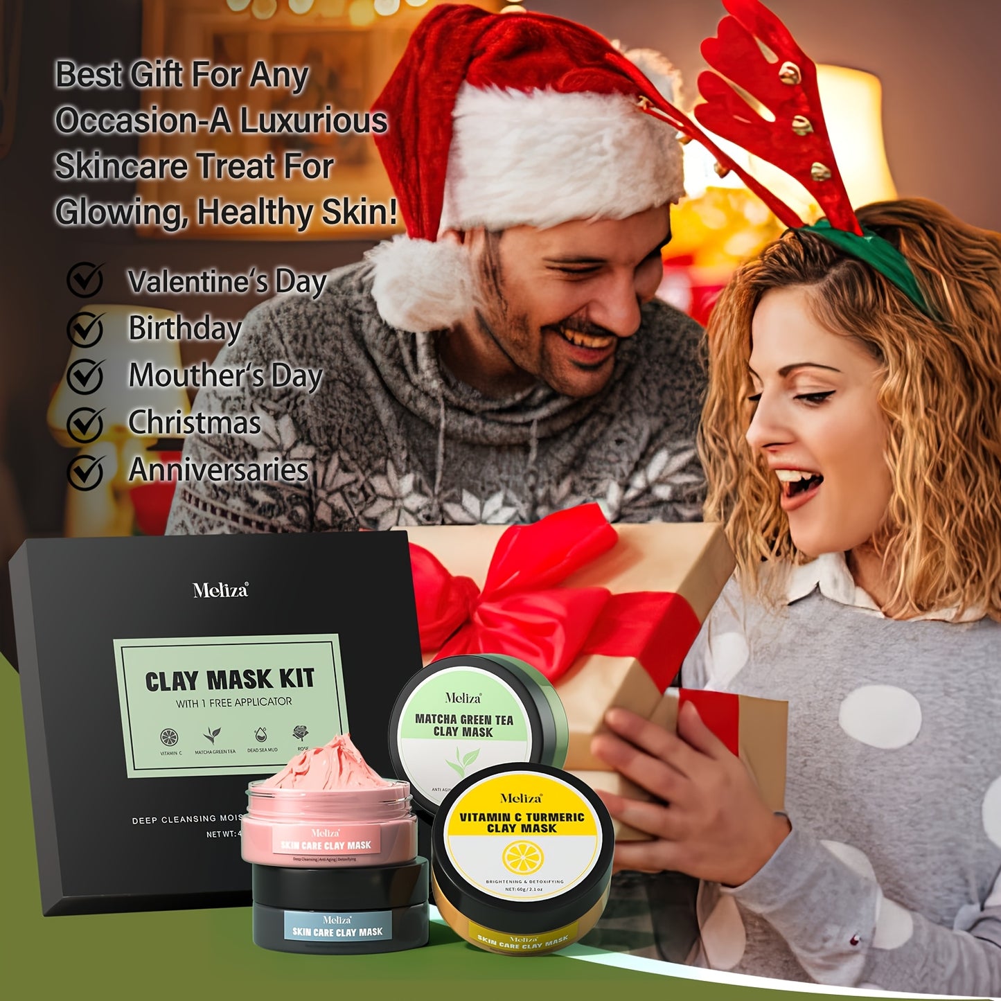 4-Pack Clay Mask Set, Turmeric Vitamin C Clay Mask, Green Tea, Dead Sea Mud Mask, Rose Clay Mask, Deep Cleansing Holiday Skincare Gift Set for Christmas, Halloween, New Year, Valentine'S Day, Birthday, Anniversary