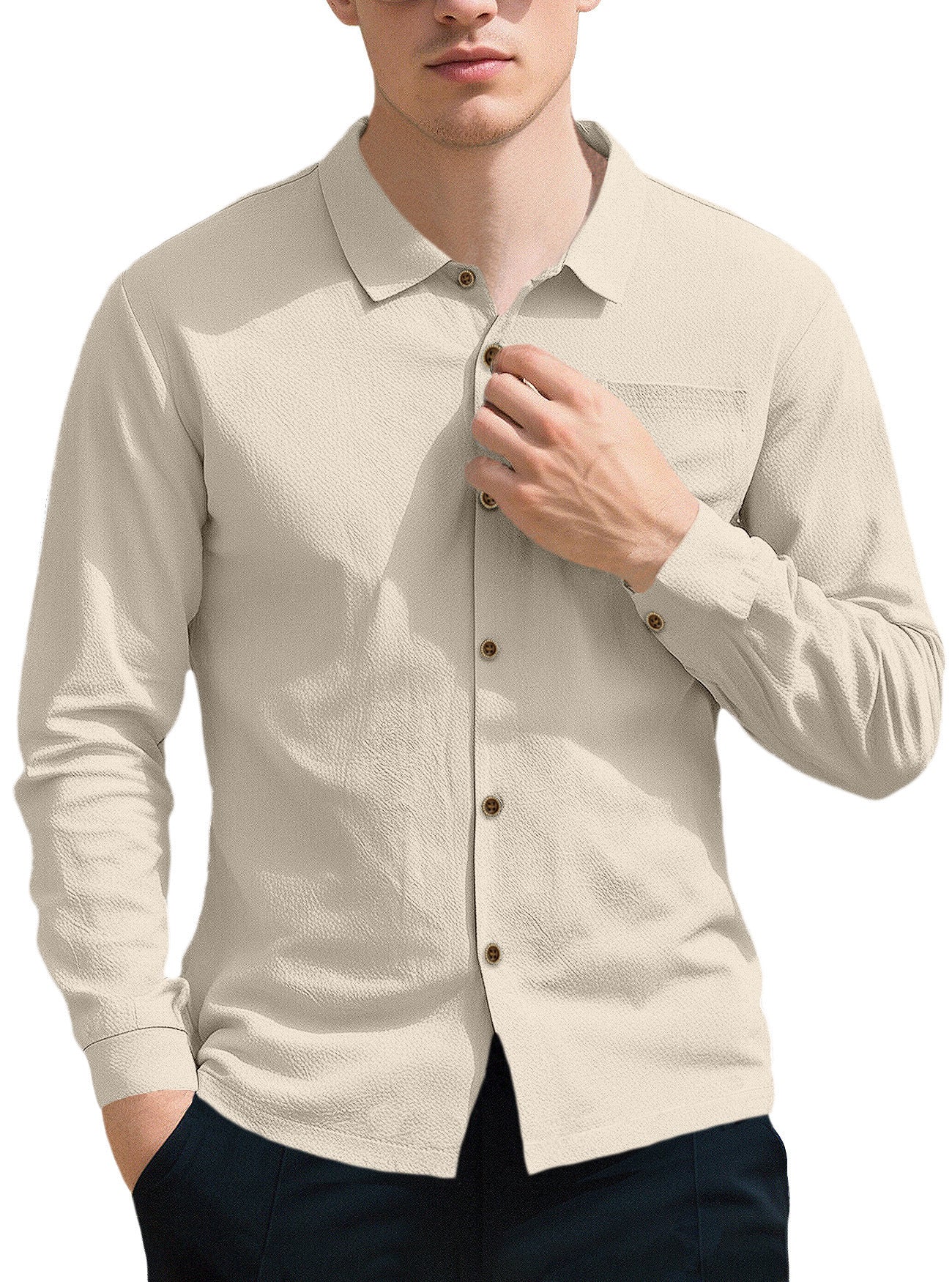New Men's Solid Color Lapel Casual Loose Long Sleeve Shirt