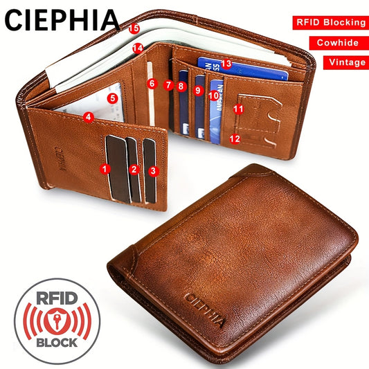1pc CIEPHIA Card Holder or RFID Blocking Wallet for Men - Slim Minimalist Vintage Leather Wallet with Anti-Theft, Genuine Cowhide, Compact Bi/Fold Design, ID Window - Gifts for Dad, Husband, Boyfriend - RFID Protection, Durab