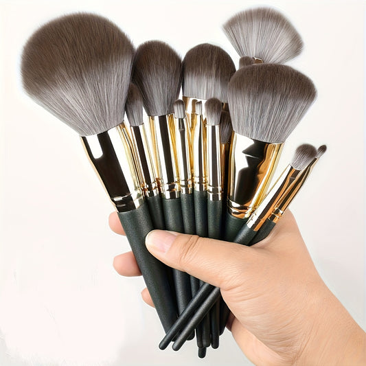 Luxurious 14pcs Makeup Brush Set - Plush, Green Professional Brushes for Full Face & Eye Detailing - Ideal for Foundation, Contouring & Blending