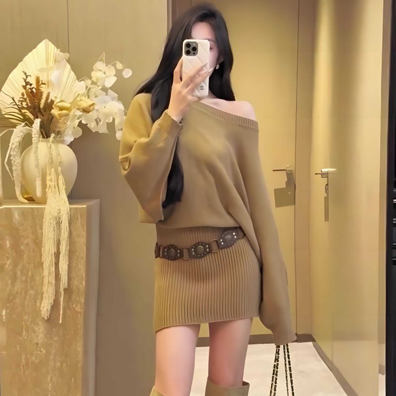 Khaki Off-shoulder Long Sleeve Knitted Dress