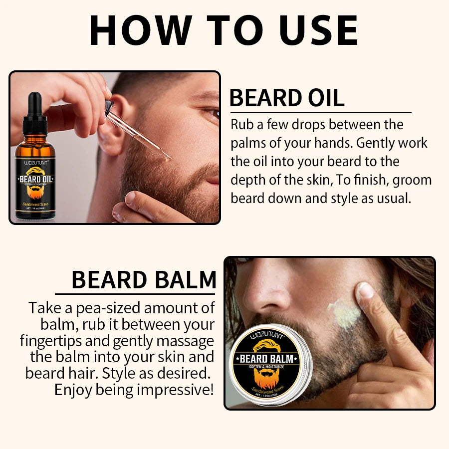 Men Beard Care Kit Beard Oil Balm Moisturizing Nourishing Soften Moustache Growth Strengthen Enhancer Oil with Trim Tool