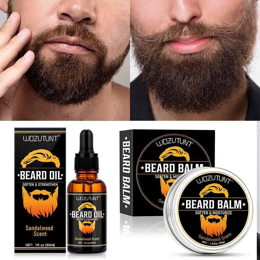 Men Beard Care Kit Beard Oil Balm Moisturizing Nourishing Soften Moustache Growth Strengthen Enhancer Oil with Trim Tool