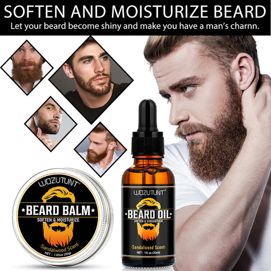 Men Beard Care Kit Beard Oil Balm Moisturizing Nourishing Soften Moustache Growth Strengthen Enhancer Oil with Trim Tool