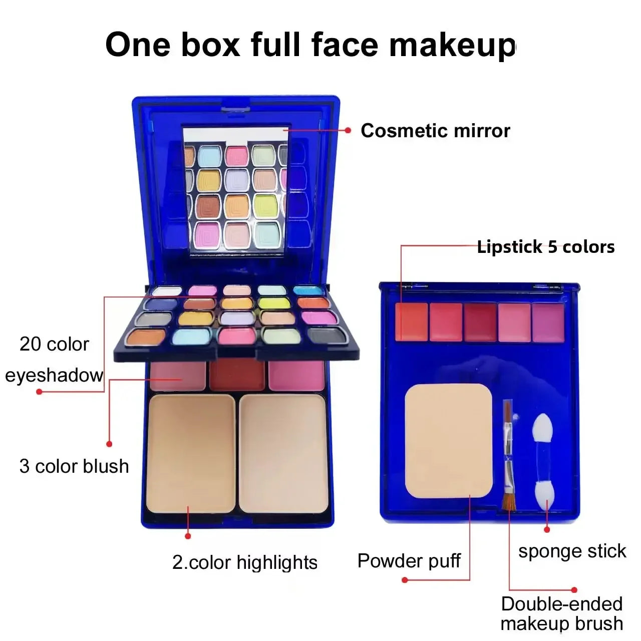 30-color multifunctional makeup palette, eyeshadow + blush + powder + lip gloss, comes with a powder puff, eyeshadow brush, cont