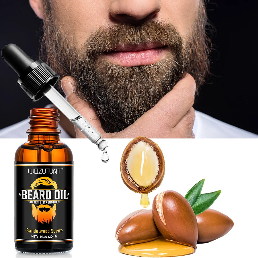 Men Beard Care Kit Beard Oil Balm Moisturizing Nourishing Soften Moustache Growth Strengthen Enhancer Oil with Trim Tool