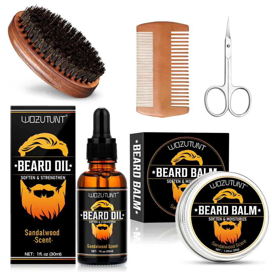 Men Beard Care Kit Beard Oil Balm Moisturizing Nourishing Soften Moustache Growth Strengthen Enhancer Oil with Trim Tool