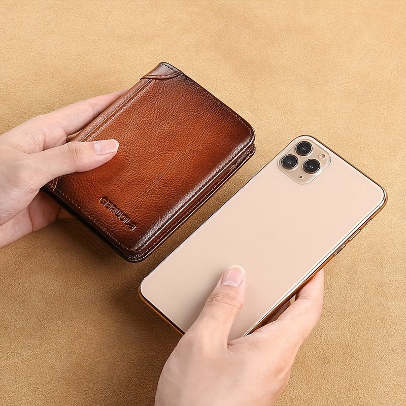 Men's Trendy Tri-Fold Genuine Leather Thin Card Holder - Minimalist Design, RFID Blocking - For Men - Perfect for Everyday Carry & Travel - Ideal Gift for Him