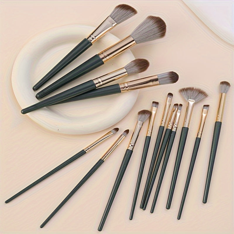 Luxurious 14pcs Makeup Brush Set - Plush, Green Professional Brushes for Full Face & Eye Detailing - Ideal for Foundation, Contouring & Blending