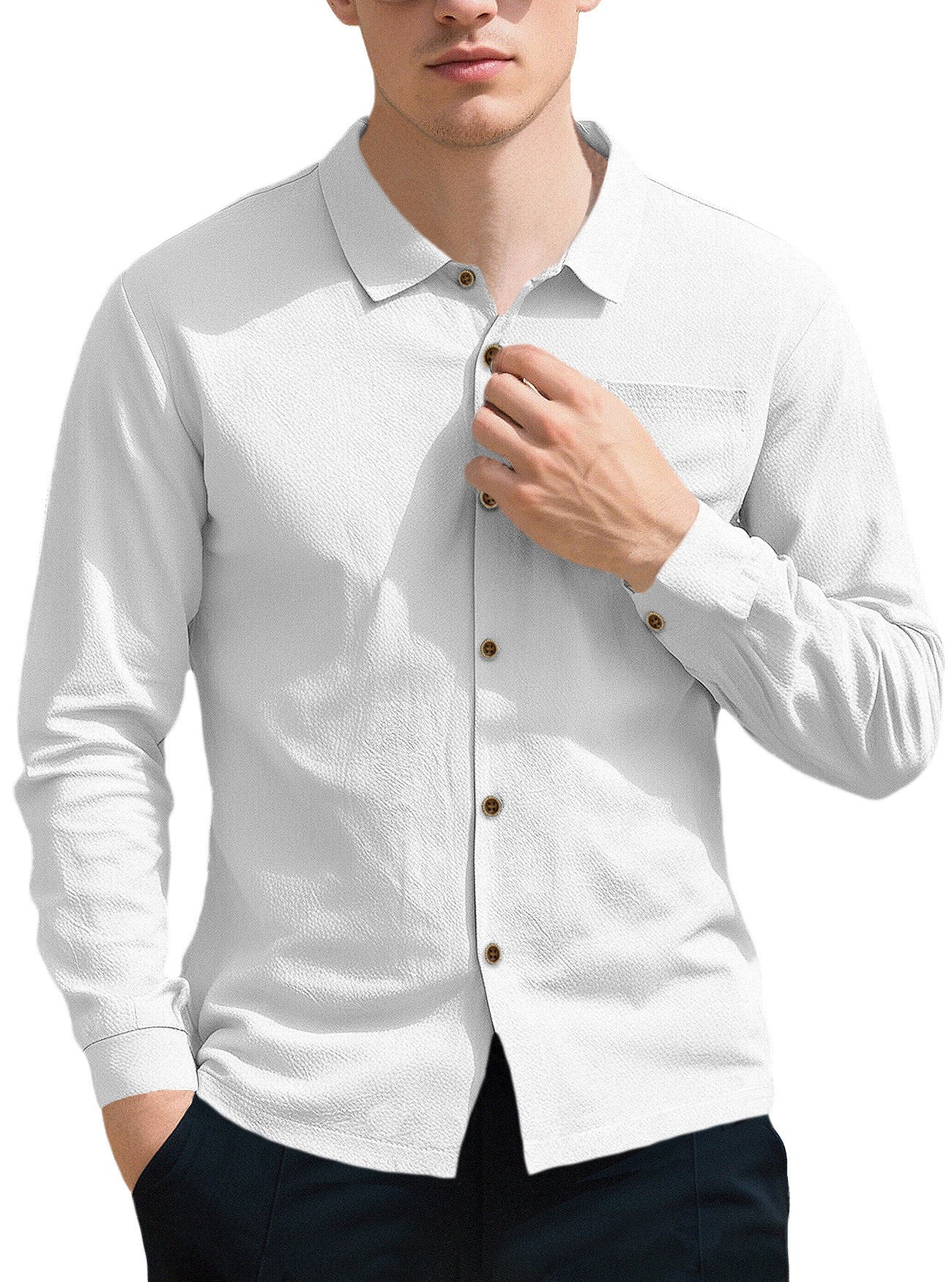 New Men's Solid Color Lapel Casual Loose Long Sleeve Shirt