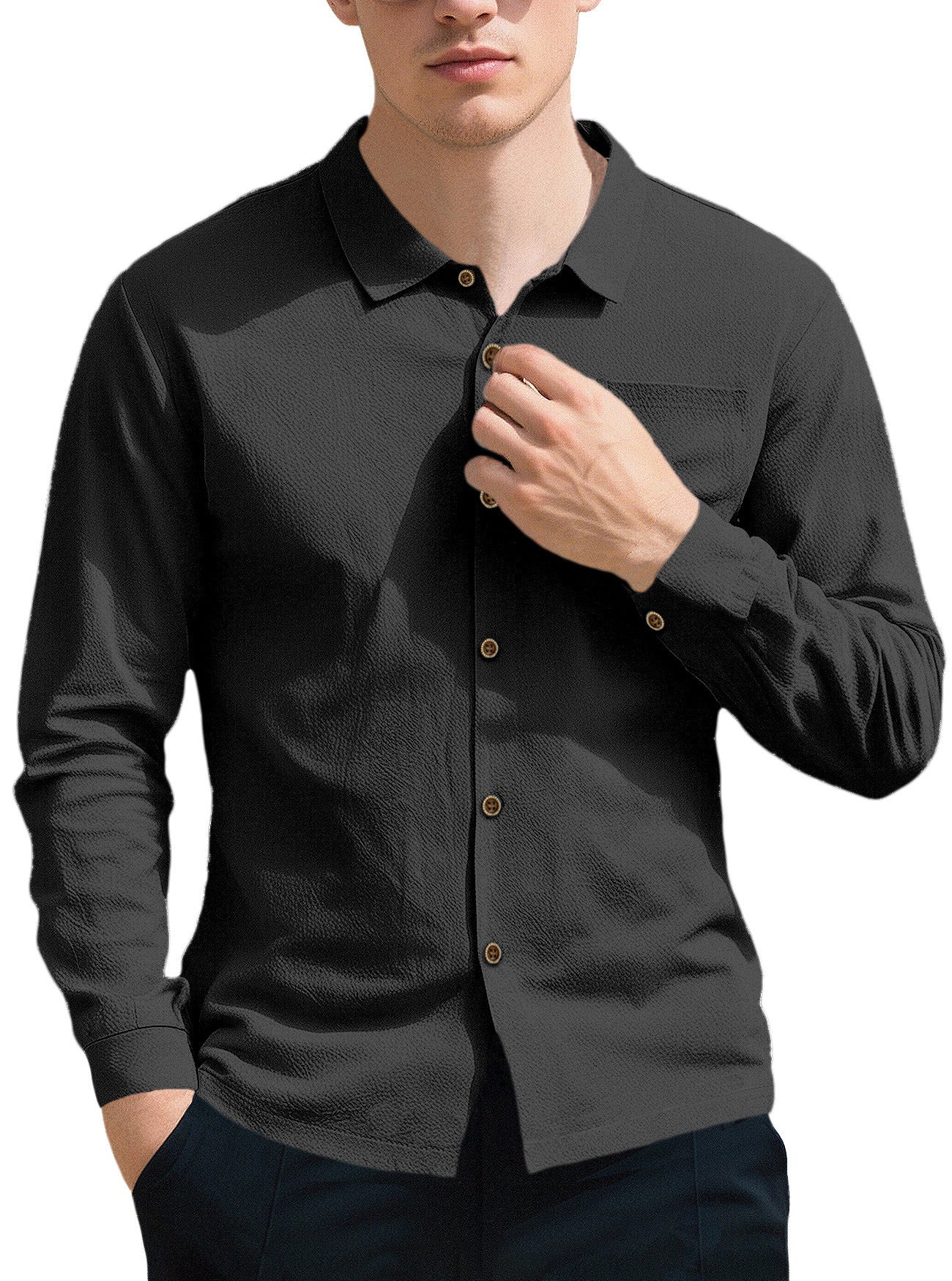 New Men's Solid Color Lapel Casual Loose Long Sleeve Shirt