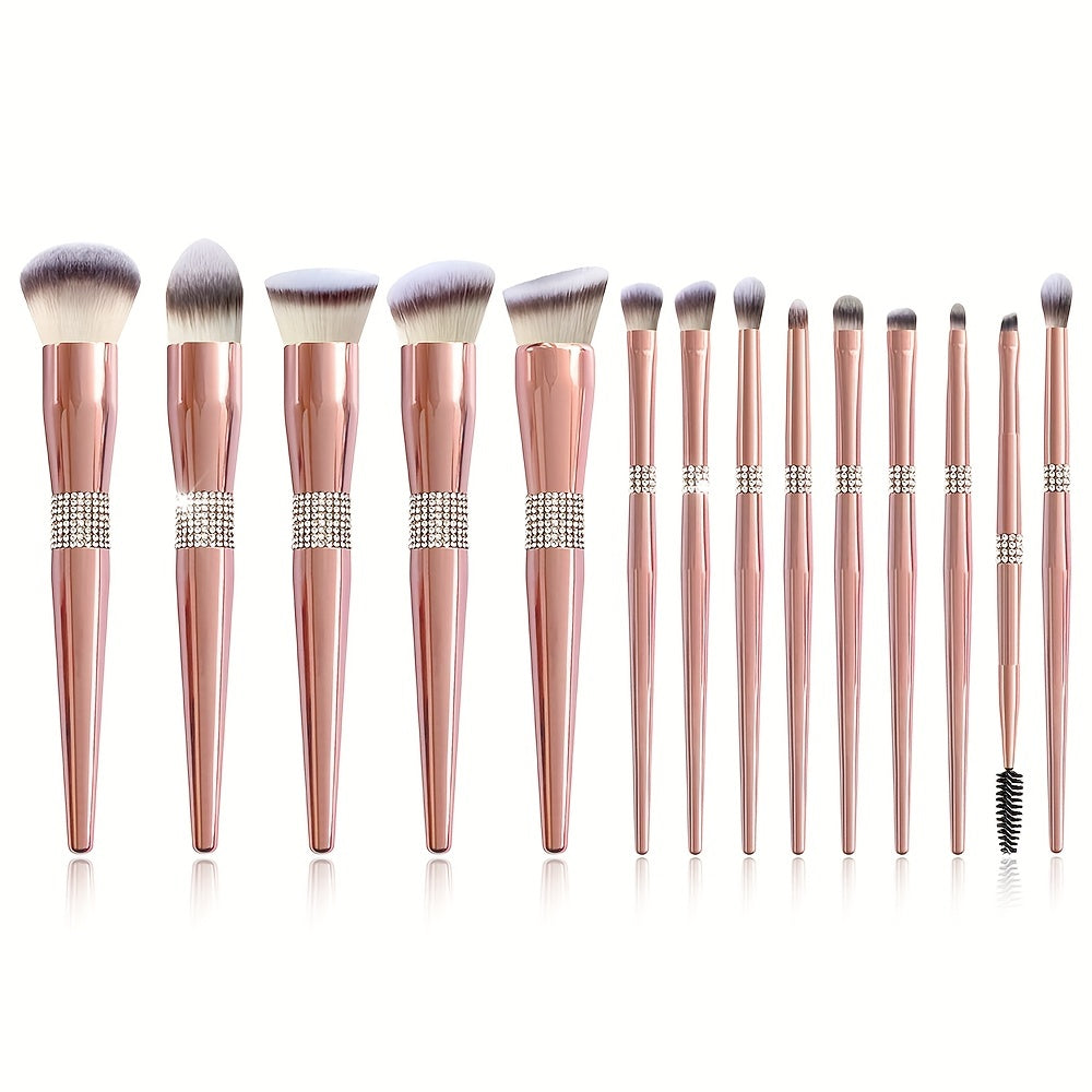 12/14pcs Luxe Makeup Brush Set with Glitter Handles - Includes Blush, Eyeshadow, Foundation Brushes & More - Nylon Bristles for All Skin Types - Fragrance-Free
