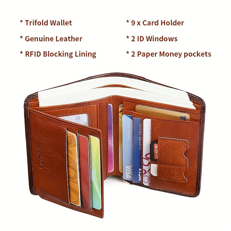 Men's Trendy Tri-Fold Genuine Leather Thin Card Holder - Minimalist Design, RFID Blocking - For Men - Perfect for Everyday Carry & Travel - Ideal Gift for Him