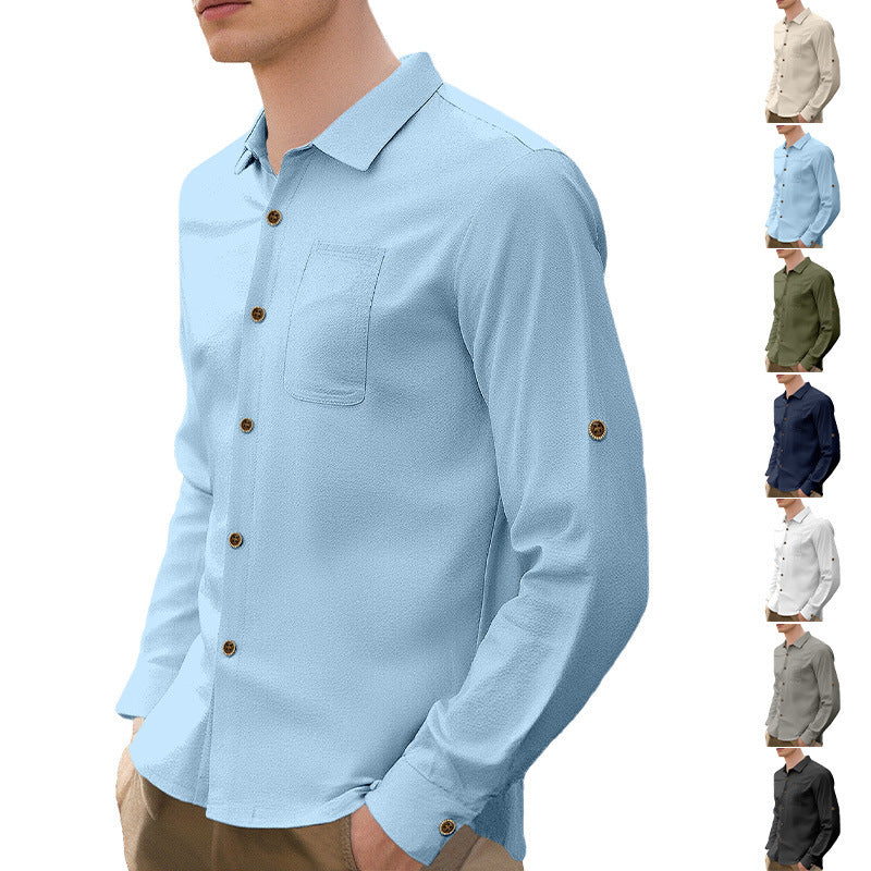 New Men's Solid Color Lapel Casual Loose Long Sleeve Shirt