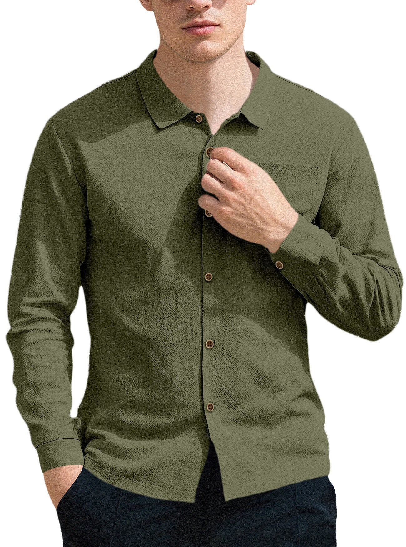 New Men's Solid Color Lapel Casual Loose Long Sleeve Shirt